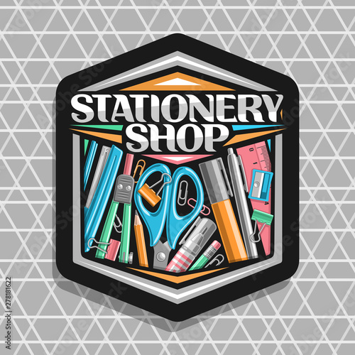 Vector logo for Stationery Shop, black hexagonal sign board with illustration of group variety colorful school accessories, decorative lettering for words stationery shop on grey abstract background.