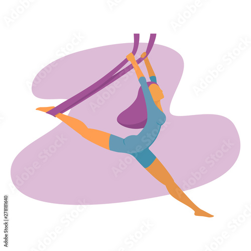 Vector illustration of a slim girl practicing air yoga. Aero yoga stretching asana. Cartoon illustration of anti gravity, flying or aerial yoga pose or position. Purple and blue colors.