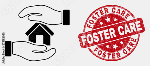 Vector stroke hands care home icon and Foster Care seal stamp. Blue rounded distress seal stamp with Foster Care message. Black isolated hands care home pictogram in line style.