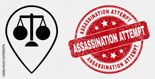 Vector linear justice map marker pictogram and Assassination Attempt seal stamp. Blue round textured seal with Assassination Attempt text. Black isolated justice map marker pictogram in linear style.