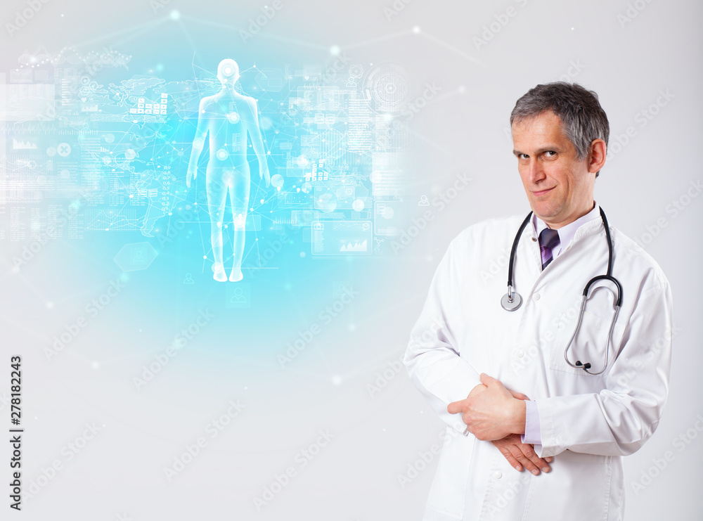 Middle aged scientist with full body map concept Middle aged scientist with full body map concept