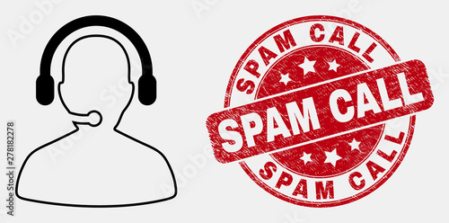 Vector contour call center operator icon and Spam Call seal stamp. Blue round grunge seal stamp with Spam Call phrase. Black isolated call center operator pictogram in contour style.