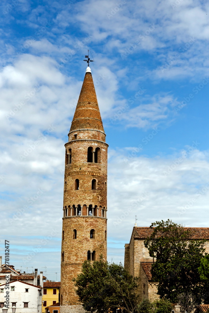 the historical church spire in the italian town Caorle Italy