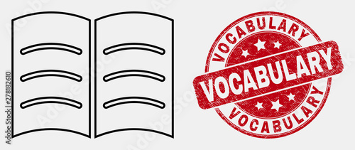 Vector stroke open book pictogram and Vocabulary stamp. Blue round distress seal stamp with Vocabulary phrase. Black isolated open book pictogram in stroke style. photo