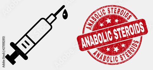 Vector contour blood syringe pictogram and Anabolic Steroids seal stamp. Blue rounded grunge stamp with Anabolic Steroids message. Black isolated blood syringe pictogram in line style. photo