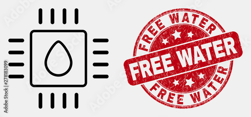 Vector contour liquid processor pictogram and Free Water seal stamp. Blue rounded scratched seal stamp with Free Water message. Black isolated liquid processor pictogram in contour style.