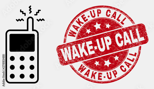 Vector contour cell phone icon and Wake-Up Call watermark. Blue rounded textured watermark with Wake-Up Call title. Black isolated cell phone pictogram in contour style.