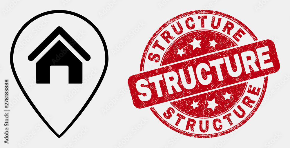 Vector contour house map marker icon and Structure seal stamp. Blue rounded textured stamp with Structure caption. Black isolated house map marker symbol in contour style. Vector contour house map marker icon and Structure seal stamp. Blue rounded textured stamp with Structure caption. Black isolated house map marker symbol in contour style.
