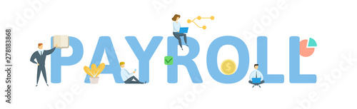 PAYROLL. Concept with people, letters and icons. Colored flat vector illustration. Isolated on white background.