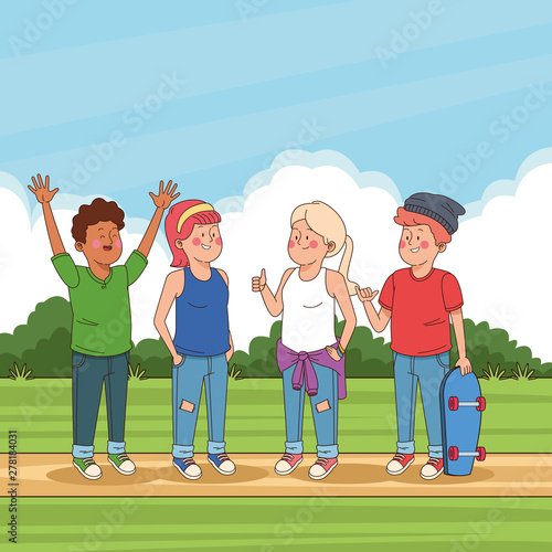 Teenagers friends in the park cartoons