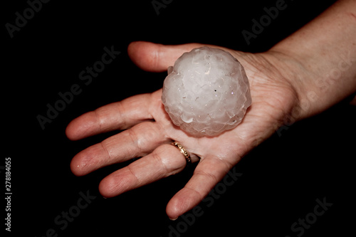 Obraz na plátně Golf ball size hailstone held in palm of hand with black background