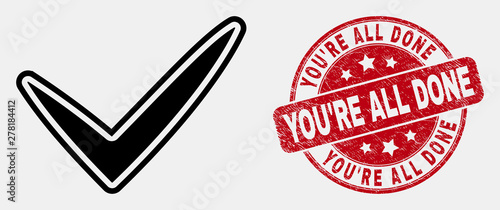 Vector line yes tick icon and You'Re All Done seal. Blue rounded textured seal with You'Re All Done text. Black isolated yes tick symbol in line style.