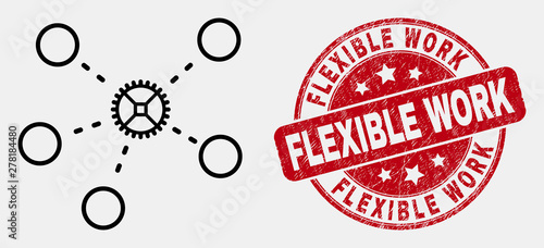 Vector outline gear links pictogram and Flexible Work seal stamp. Blue round grunge seal stamp with Flexible Work text. Black isolated gear links icon in outline style.