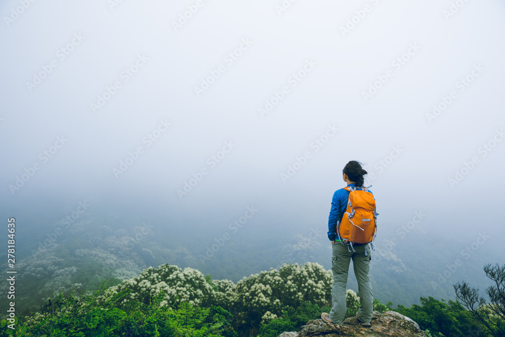 Successful young woman backpacker enjoy the view on spring forest mountain cliff edge