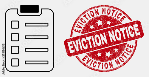 Vector contour items pad icon and Eviction Notice seal. Blue round distress seal with Eviction Notice title. Black isolated items pad icon in line style.