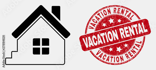 Vector outline home icon and Vacation Rental stamp. Blue round grunge seal stamp with Vacation Rental phrase. Black isolated home icon in line style.