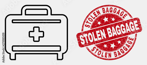 Vector stroke medical baggage icon and Stolen Baggage seal. Blue rounded scratched seal with Stolen Baggage text. Black isolated medical baggage icon in linear style.