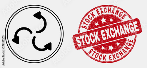 Vector line cyclone arrows icon and Stock Exchange seal stamp. Blue rounded distress seal stamp with Stock Exchange message. Black isolated cyclone arrows pictogram in line style.