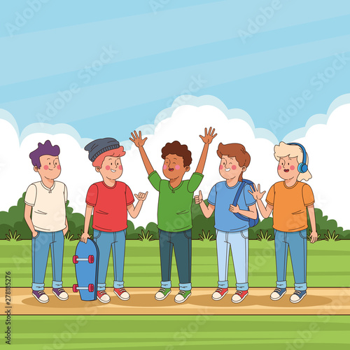 Teenagers friends in the park cartoons
