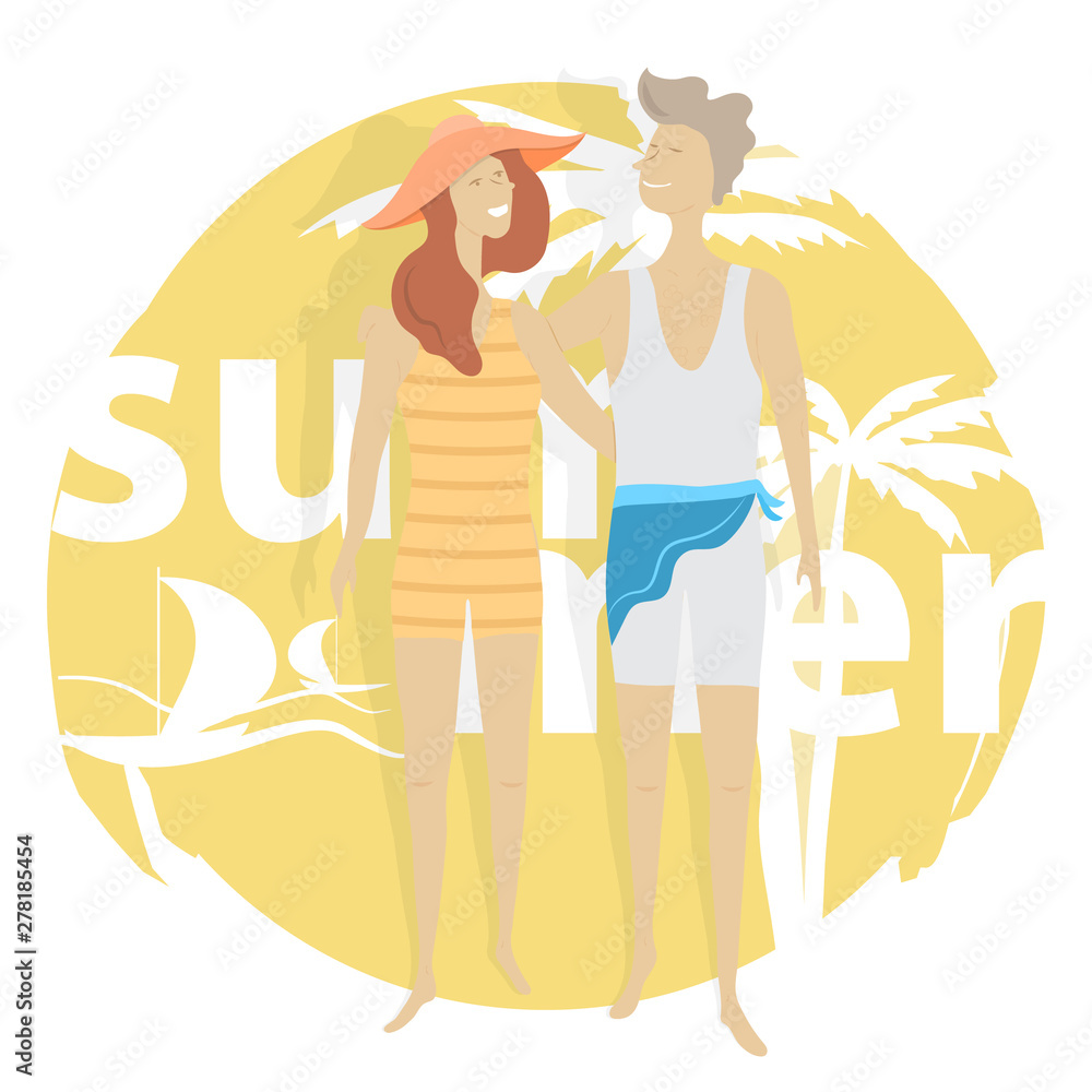 Couple in Love in Summer Time. Vector Illustration.