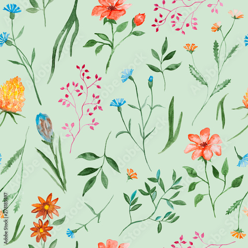 Mixed flowers watercolor painting - hand drawn seamless pattern with blossom on light green