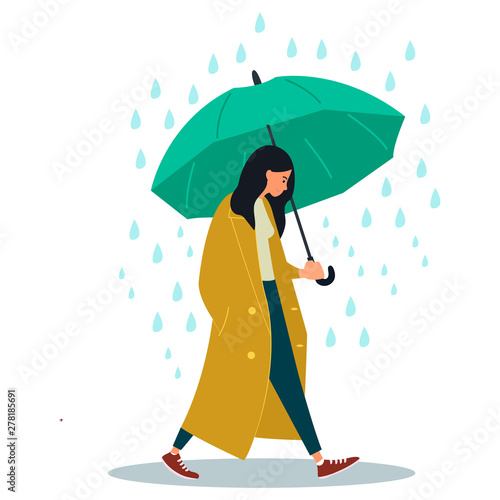 Young woman character walking with umbrella under a rain. Vector illustration on white background in cartoon style