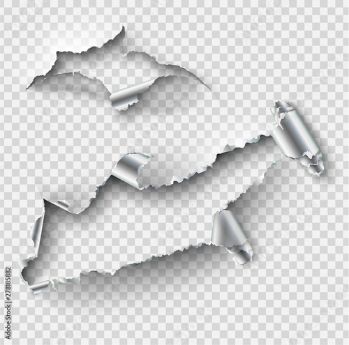 Torn ripped metal vector template, sides with ripped steel on realistic transparent background.