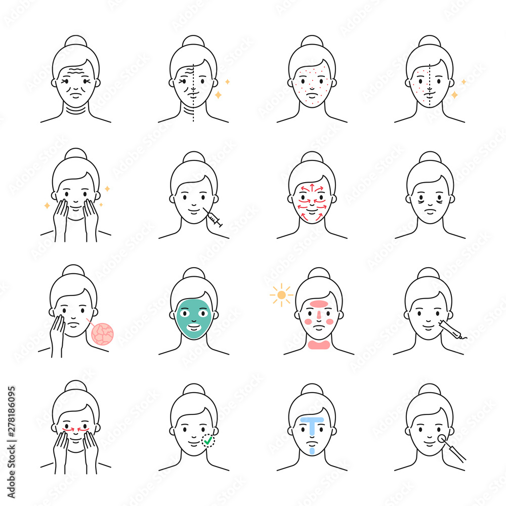 Skin care and problems, beauty treatment vector icons set Skin care and problems, beauty treatment vector icons set