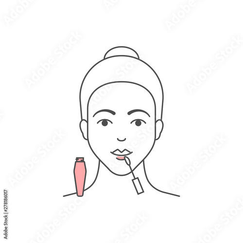 Vector illustration of woman is applying lip gloss outline style illustration