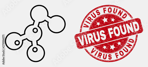 Vector outline microbes icon and Virus Found seal stamp. Blue rounded distress seal stamp with Virus Found title. Black isolated microbes pictogram in outline style.