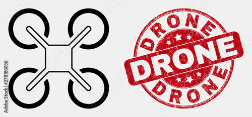 Vector stroke quadcopter pictogram and Drone stamp. Blue round textured stamp with Drone phrase. Black isolated quadcopter symbol in stroke style.