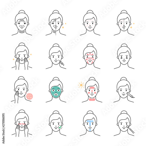 Skin care and problems, beauty treatment vector icons set