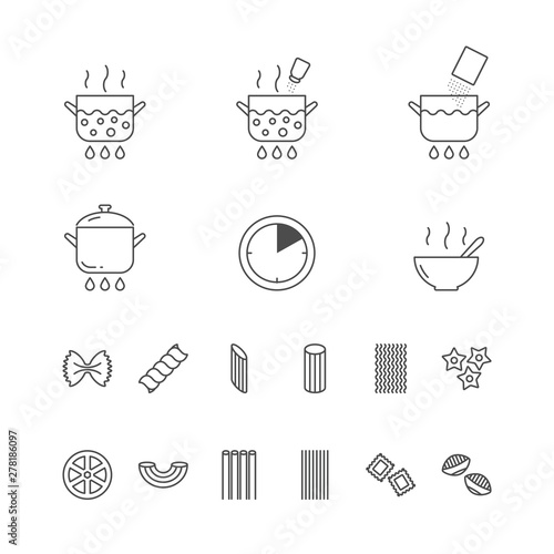 Pasta cooking, pasta types set of outline vector icons