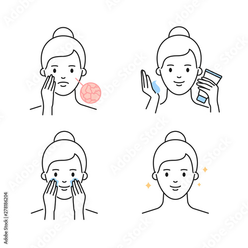 Dry skin care, moisturizing, cream applying outline vector icons