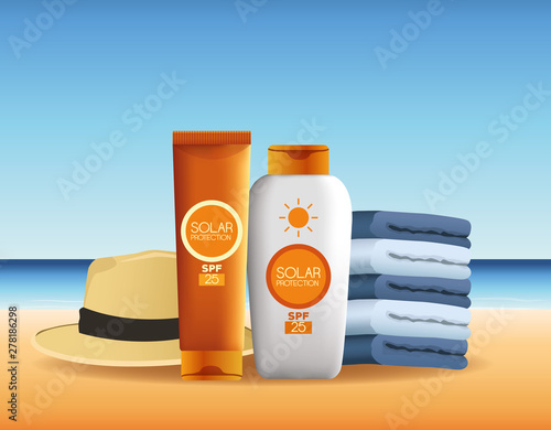 Solar protection bottles products for summer advertising