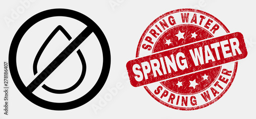 Vector linear stop water leak pictogram and Spring Water seal stamp. Blue round distress seal stamp with Spring Water caption. Black isolated stop water leak symbol in linear style.