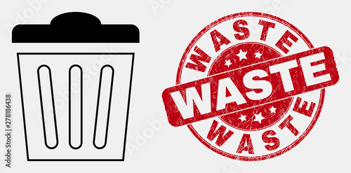 Vector outline trashcan icon and Waste seal stamp. Blue round distress seal stamp with Waste message. Black isolated trashcan icon in line style.