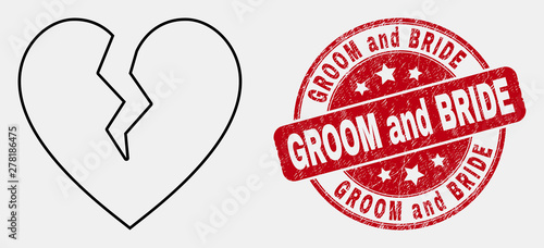 Vector outline broken heart icon and Groom and Bride seal stamp. Blue round textured seal with Groom and Bride title. Black isolated broken heart icon in contour style.