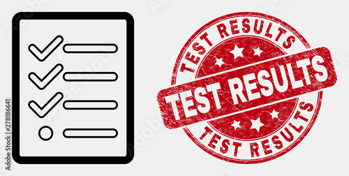 Vector linear task list page pictogram and Test Results watermark. Blue rounded distress seal with Test Results text. Black isolated task list page pictogram in linear style.