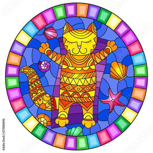 Illustration in stained glass style with a funny red  cat sunbathingon an inflatable mattress in the middle of the waves and  shells, oval image in bright frame