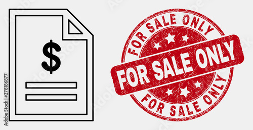 Vector stroke price page icon and For Sale Only seal stamp. Blue rounded distress seal stamp with For Sale Only title. Black isolated price page icon in contour style.
