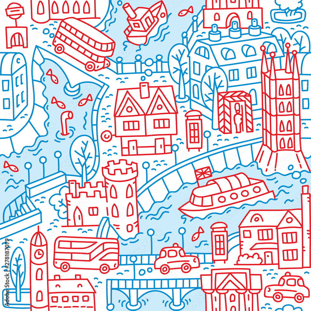 Fototapeta London. City seamless pattern Roads, houses, river