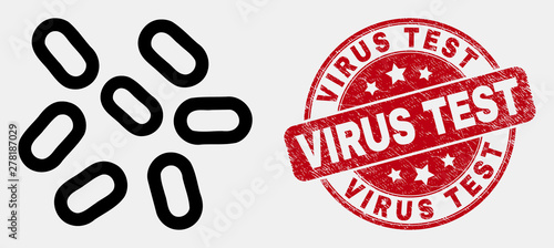 Vector line microbes icon and Virus Test seal stamp. Blue rounded grunge seal with Virus Test message. Black isolated microbes pictogram in linear style.