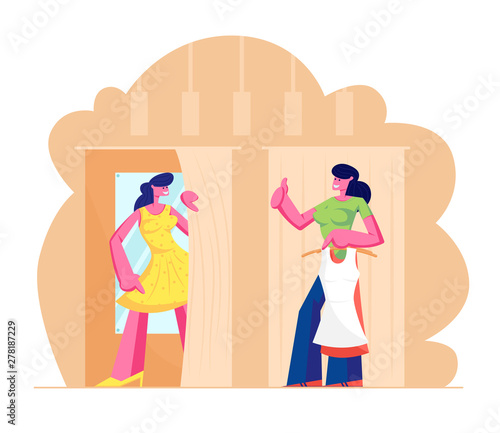 Young Woman Trying on Closes in Dressing Room at Store, Sales Woman Assistant Show Thumb Up