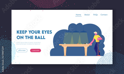 Male Character Stand with Cue at Billiard Table with Balls, Man Playing Snooker Game, Club, Weekend Leisure, Hobby, Spare Time, Website Landing Page, Web Page. Cartoon Flat Vector Illustration, Banner