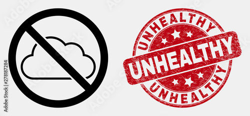 Vector line stop cloud pictogram and Unhealthy stamp. Blue round textured seal stamp with Unhealthy caption. Black isolated stop cloud pictogram in line style.
