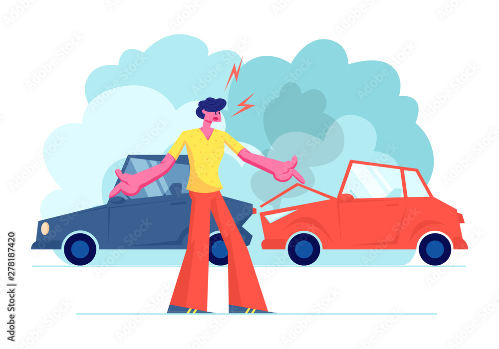 Car Accident on Road, Angry Driver Male Character Arguing Standing on Roadside with Crashed Automobiles. Insurance Situation, City Dweller Suffer in Traffic, Breakdown Cartoon Flat Vector Illustration
