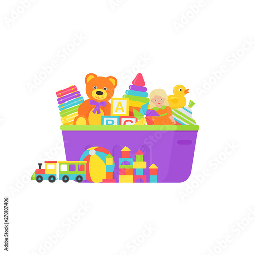 Baby toys in box. Vector. Kids toy in plastic container on white background. Set baby stuff isolated. Colorful cartoon illustration. Cute children color icons in flat design.