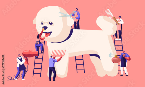 Pet Hair Salon, Styling and Grooming Shop, Pet Store for Dogs. Tine Characters on Ladders Care of Cute Puppy at Groomer Salon, Cut Wool, Brushing Comb, Perfume, Drying Cartoon Flat Vector Illustration