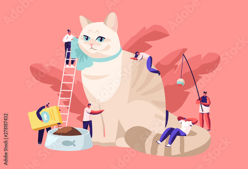 People Spending Time with Pet. Tiny Male and Female Characters on Ladders Caring of Huge Cat, Feed, Play, Dressing. Leisure, Communication, Love, Care of Animals. Cartoon Flat Vector Illustration